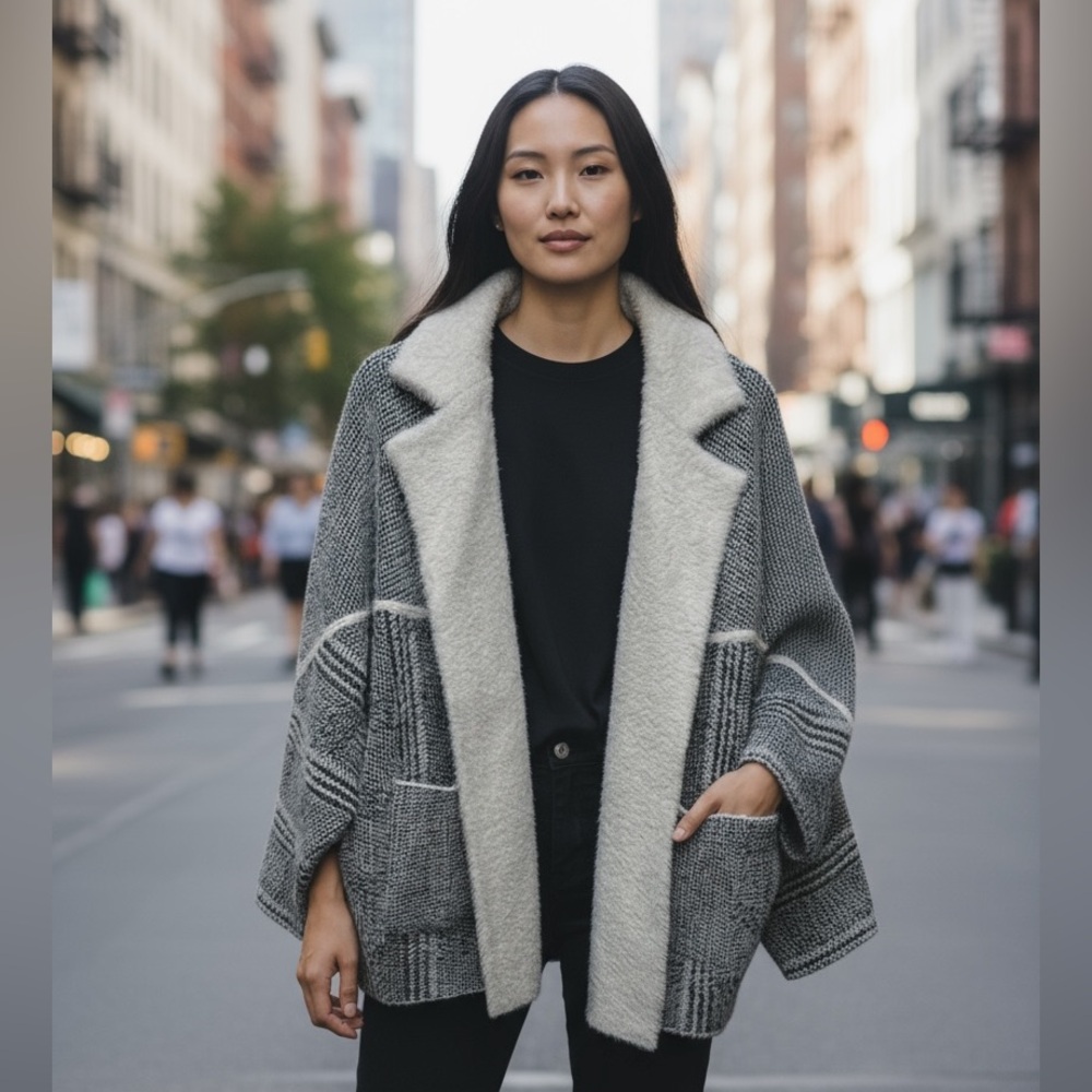 Women's Gray and White Sweater Coat